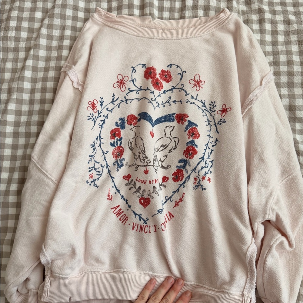 We The Free Cream Sweatshirt with Red and Blue Floral Heart